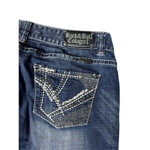 Rock & Roll Cowgirl Jeans Womens 33x32 Mid Rise Bootcut Rhinestones Thick Stitch